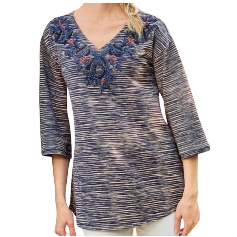 Soft‎ Surroundings Purple Mangata Blouse Embroidered Beaded V-Neck, Sz. SMALL